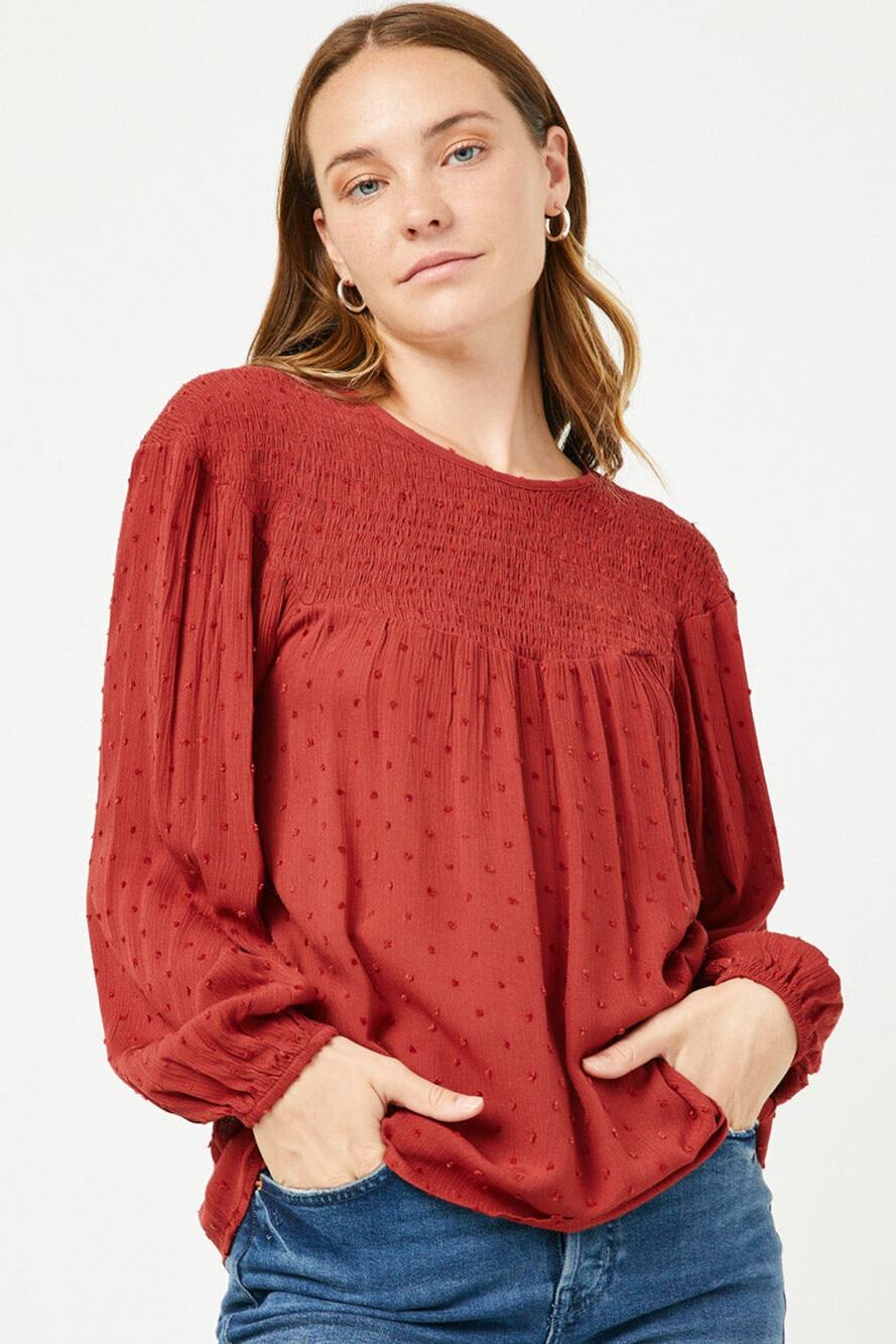 HAYDEN Bailey Misses Burgundy Swiss Dot Smocked Baby Doll Long Sleeve Top Small